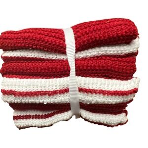 Wash Cloth Kitchen Set OS Red White Like New Striped Waffle Weave
